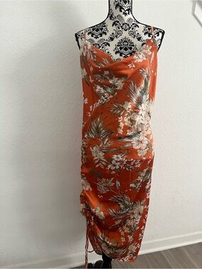 Simplee Plus 4XL Orange Floral Satin Slip Midi Dress Cowl Neck Ruched Side NWT